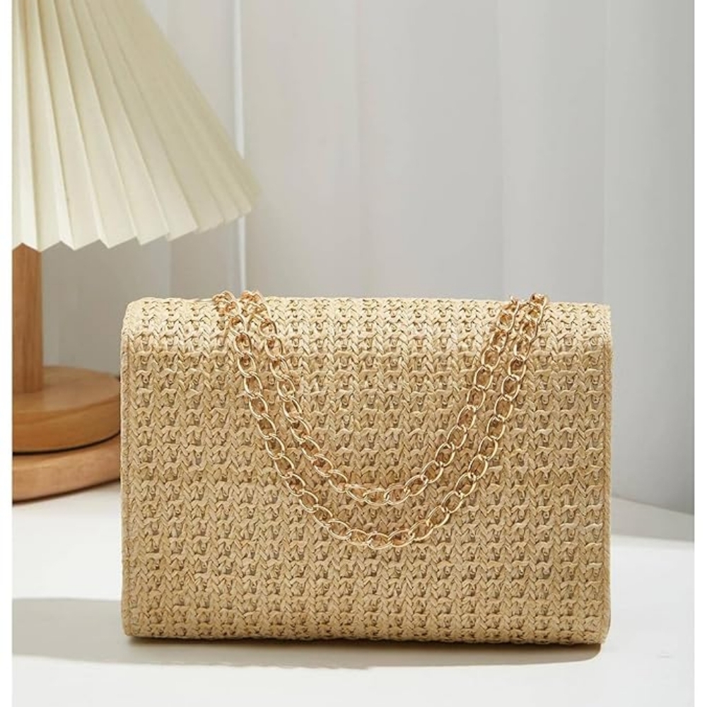 Woven Straw Handbag Gold Chain Strap